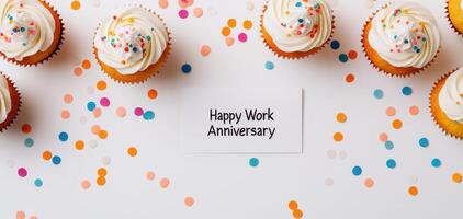 Happy Work Anniversary with colorful cupcakes and confetti scattered around, creating festive atmosphere for celebration photo