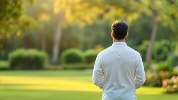 man stands in serene park, reflecting on mental health and balance. lush greenery and soft sunlight create peaceful atmosphere photo