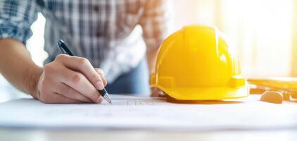 Construction worker writing on blueprints with yellow hard hat nearby, showcasing dedication and focus in bright workspace photo