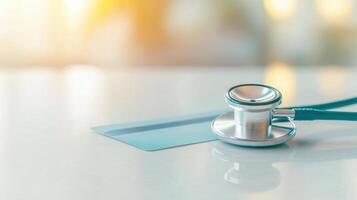 stethoscope rests beside medical insurance card, symbolizing healthcare photo