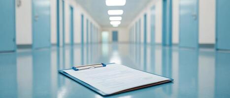 clipboard with documents on hospital corridor floor, emphasizing healthcare photo