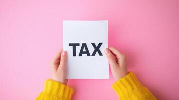 Hands holding white paper with bold TAX text against pink background, evoking sense of financial awareness and responsibility photo