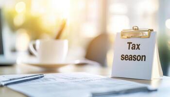 Tax season is here, with forms and reminders on desk, creating focused atmosphere photo
