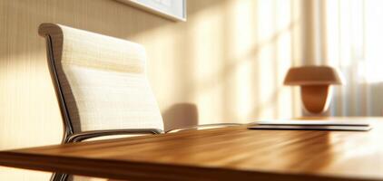 modern office scene featuring stylish chair and wooden desk, illuminated by soft sunlight, creating warm and inviting atmosphere photo