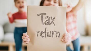 Family celebrating with joy while holding tax return document together. Happiness and excitement fill room photo