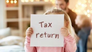 Family celebrating with joy while holding tax return paper. Happiness fills room photo