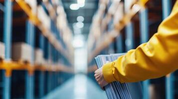 Efficiently organizing documents in warehouse, person holds files while navigating through shelves photo