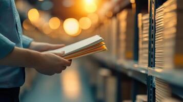 Person holding tax folders in cabinet, surrounded by blurred shelves, evoking sense of organization and diligence photo