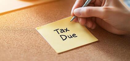 Hand writing Tax Due on sticky note, emphasizing financial responsibility and deadlines photo