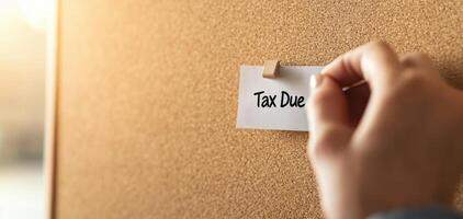 Hand pinning tax due notice on corkboard, emphasizing responsibility and urgency photo