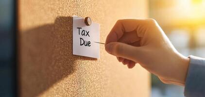 Hand pinning tax due notice on corkboard, symbolizing financial responsibility and deadlines photo