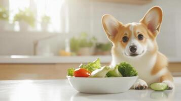 cute corgi puppy looking at bowl of fresh vegetables in bright kitchen photo