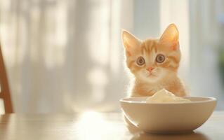 playful orange tabby kitten curiously gazes at bowl of cream photo