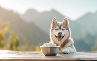 Siberian husky sitting happily at table with bowl of food, enjoying nature photo
