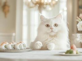 fluffy white cat curiously gazes at sushi on table, creating charming scene photo