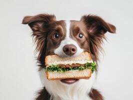 Border Collie joyfully holds sandwich in its mouth, showcasing its playful nature photo