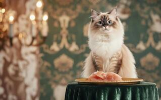 Fluffy ragdoll cat sitting proudly on velvet table with food photo