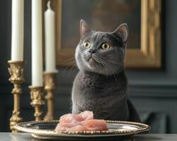 Russian Blue cat curiously gazes at plate of fish, surrounded by candles photo