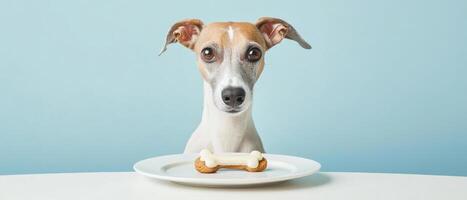 regal greyhound eagerly awaits treat on minimalist table photo