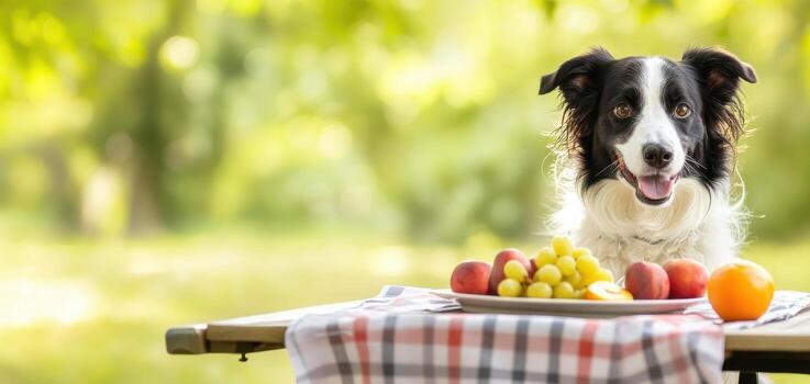 border collie sitting at picnic table with fresh fruits, enjoying nature photo