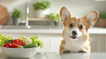 cute corgi puppy eagerly gazing at bowl of fresh vegetables photo