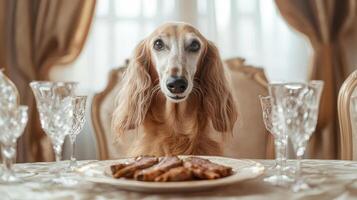well groomed Afghan hound seated elegantly at dining table with food photo