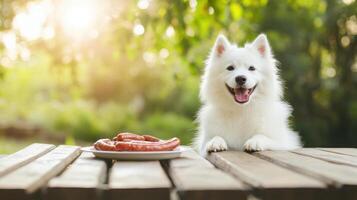 white Samoyed dog with playful expression sits beside sausages on wooden table photo