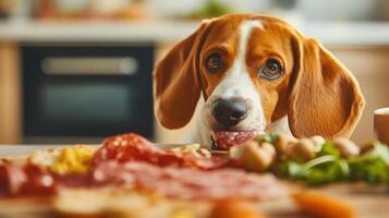 Savoring charcuterie board, beagle enjoys delicious treats nearby photo