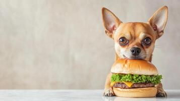 Chihuahua enjoying mini burger with happy expression on its face photo