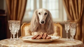 well groomed Afghan hound elegantly seated at lavish dining table photo