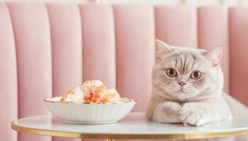 Scottish Fold cat lounging beside bowl of shrimp on table photo