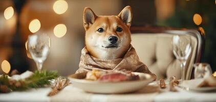 Shiba Inu wearing silk scarf at luxurious dining table, exuding elegance photo