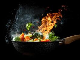Flames leap from pan as chef sautes vibrant vegetables, creating dynamic scene photo