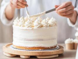 person is spreading icing smoothly on cake with spatula, showcasing delicious dessert photo