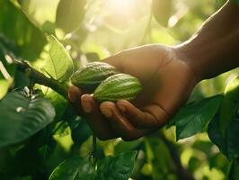 Close up of hands picking cocoa pods from tree, surrounded by lush green leaves, showcasing beauty of nature photo