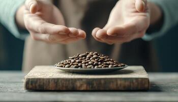 Freshly measured coffee beans on wooden surface, hands gently hovering photo