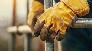 close up of dirty yellow construction glove gripping metallic scaffold, showcasing hard work and dedication photo