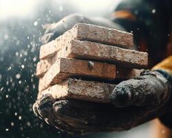 Construction gloves holding stacked bricks, showcasing craftsmanship and focus photo