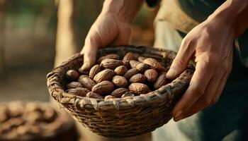 Harvesting cocoa pods, hands holding basket filled with cocoa beans, showcasing rich texture and natural colors photo