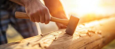 worker hammering nails into wooden beam during sunset, showcasing craftsmanship and dedication photo