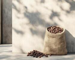 Woven sack filled with cocoa beans placed against textured wall photo