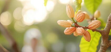 Close up of cocoa flowers blooming on tree with vibrant leaves photo