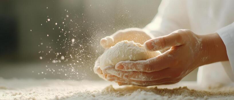 Kneading dough with hands, flour dust flying in air, creating warm atmosphere photo
