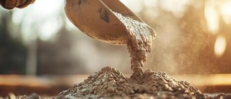 worker pouring cement with focus on shovel and texture, creating dusty scene photo