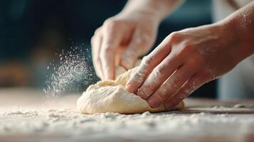 Kneading pastry dough on floured surface, hands covered in flour, creating delicious treat photo