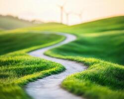 winding path through lush green meadow leads to distant wind turbines, creating serene landscape photo