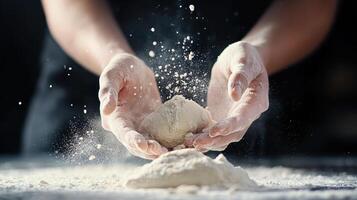Kneading dough with hands, flour flying in air, creating culinary masterpiece photo