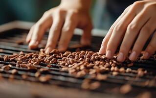 Hands placing cocoa beans on drying racks, showcasing process of chocolate production photo