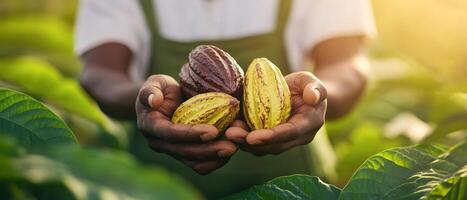 Cocoa pods held in hands, showcasing natural farming and harvest photo