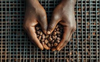 Hands holding cocoa beans in heart shape on drying racks, showcasing care and craftsmanship photo